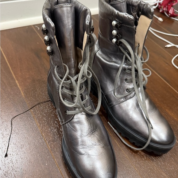 Stuart Weitzman Shoes - Metallic Gray Lace-Up Boots